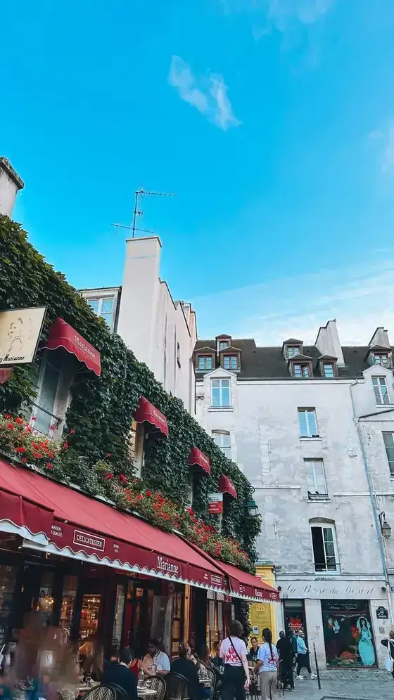 Página do guia: rua de prédios com hera e céu azul