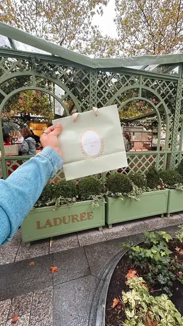 Mão segurando uma sacola da Ladurée diante de uma floreira verde